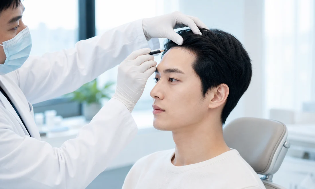 남성 맞춤 헤어라인을 진단하는 의료진과 환자